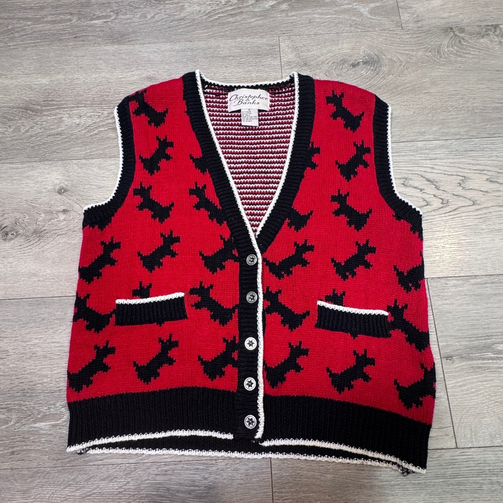 Christopher & Banks Red Scottie Dog Sweater Vest Medium Vintage Striped Medium